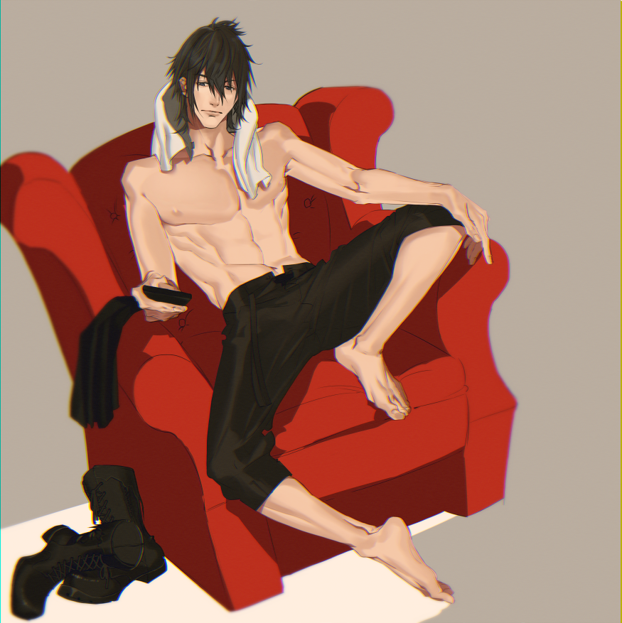 1boy barefoot black_eyes black_hair black_pants boots_removed controller couch final_fantasy final_fantasy_xv jacket jacket_removed looking_at_viewer mad369 male_focus noctis_lucis_caelum pants remote_control sitting towel towel_around_neck