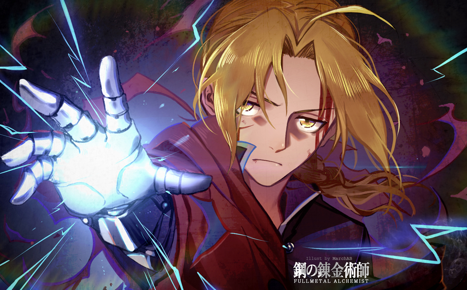1boy ahoge blonde_hair coat commentary_request copyright_name edward_elric english_text fullmetal_alchemist glowing hair_intakes hood hood_down marchab_66 outstretched_hand ponytail prosthetic_hand solo yellow_eyes