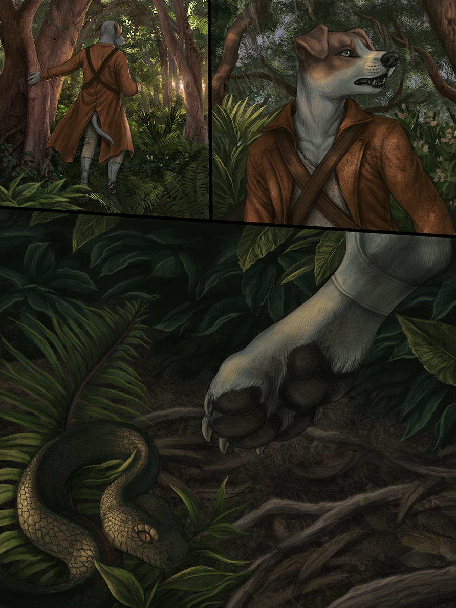 2018 anthro canine clothed clothing comic digital_media_(artwork) dog fur grey_fur male mammal myenia open_mouth pawpads paws red_lantern reptile rukis scalie snake solo