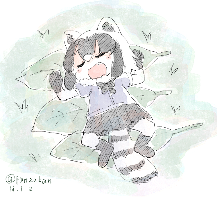 animal_ears black_bow black_footwear black_gloves black_hair black_skirt blue_shirt blush_stickers bow clenched_hands closed_eyes common_raccoon_(kemono_friends) fang full_body fur_collar gloves grass hands_up kemono_friends leaf lying multicolored_hair on_back open_mouth outdoors panzuban pleated_skirt puffy_short_sleeves puffy_sleeves raccoon_tail shirt short_hair short_sleeves skirt sleeping smile solo striped_tail tail twitter_username two-tone_hair white_hair
