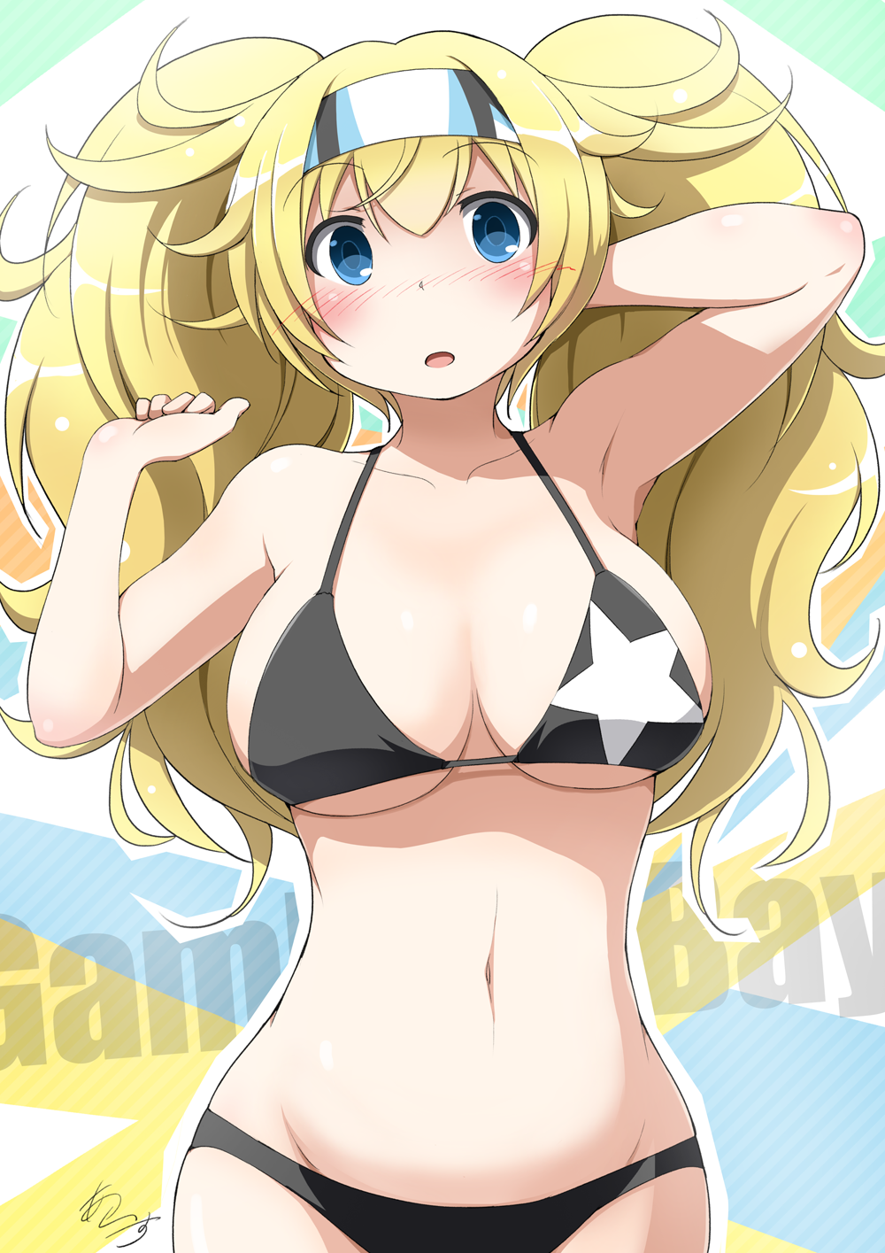 blonde_hair blue_eyes blush bra breasts cleavage collarbone commentary_request cowboy_shot earth_ekami gambier_bay_(kantai_collection) hair_between_eyes hairband highres kantai_collection long_hair navel open_mouth panties twintails underwear