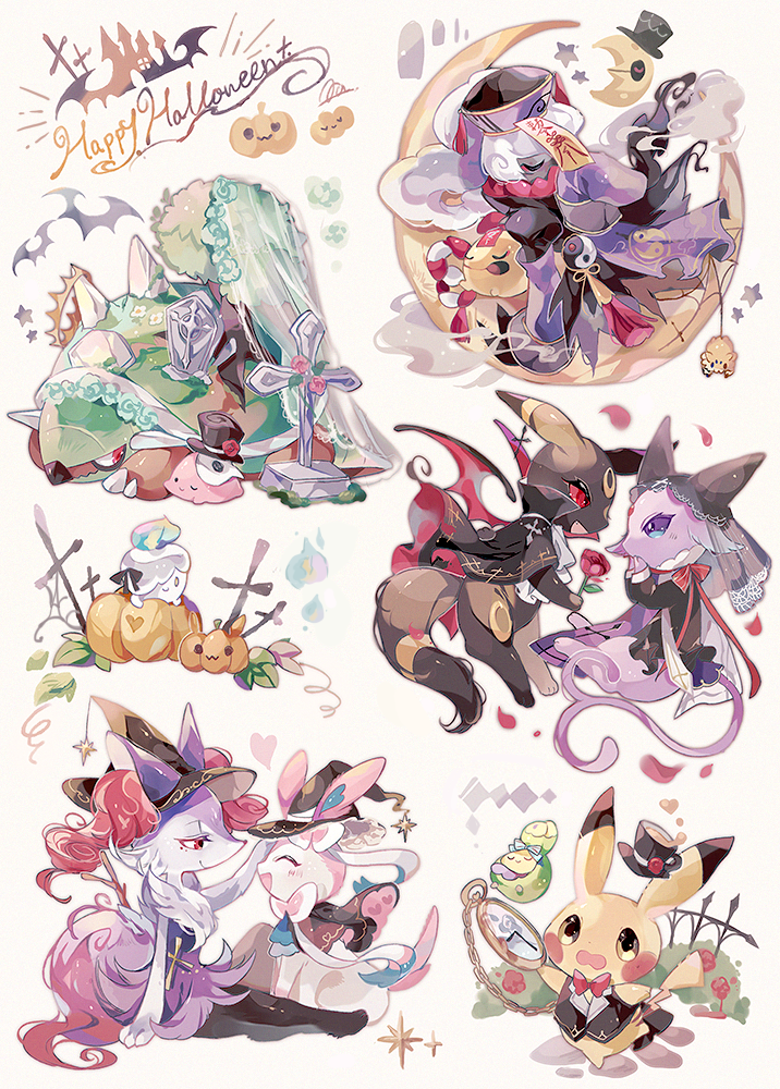 ._. 1girl ^_^ alternate_color animal_ear_fluff animal_ears animal_feet animal_hands animal_nose bat black_bow black_cape black_capelet black_eyes black_fur black_headwear black_shirt black_vest blue_bow blush blush_stickers body_fur bottomless bow bowtie braixen budew bush cape capelet castle chain chingling closed_eyes closed_mouth clothed_pokemon cloud coco7 colored_sclera commentary covering_mouth crescent_moon cross cross_earrings crown cup darkrai demon_wings ditto drink ear_piercing earrings ears_through_headwear english_commentary english_text espeon eye_contact fang fence flat_chest floating flower forehead_jewel fox_ears fox_girl fox_tail from_side full_body fur_collar furry furry_female grass grave half-closed_eyes halloween hands_up happy happy_halloween hat heart holding holding_flower jack-o'-lantern jewelry jiangshi joltik juliet_sleeves knee_up kouhaku_nawa layered_sleeves leaf light_blush litwick long_hair long_sleeves looking_at_another looking_to_the_side lunatone lying moon neck_ribbon ofuda on_stomach one_eye_closed open_mouth own_hands_together petals piercing pikachu pink_flower pink_rose pocket_watch pokemon pokemon_(creature) ponytail puffy_sleeves pumpkin purple_fur purple_headwear purple_sclera qing_guanmao red_bow red_bowtie red_eyes red_flower red_ribbon red_rose red_sclera ribbon rose saucer see-through shiny_pokemon shirt silk sitting sitting_on_moon sleeping smile snout spider_web spilling standing standing_on_one_leg star_(symbol) stick sylveon tabard tail tassel tea teacup tied_hair tombstone top_hat torterra two-sided_cape two-sided_fabric u_u umbreon veil vest watch white_flower white_fur white_hair wings witch_hat yellow_eyes yellow_headwear yin_yang