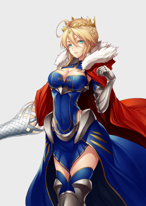 ahoge armor armored_boots artoria_pendragon_(all) artoria_pendragon_(lancer) bangs banned_artist blonde_hair blue_eyes blue_legwear boots braid breasts cape cleavage cleavage_cutout commentary_request crown fate/grand_order fate_(series) french_braid fur-trimmed_cape fur_trim gauntlets hair_between_eyes kyoeiki lance large_breasts polearm red_cape rhongomyniad short_hair sidelocks solo swept_bangs thighhighs weapon