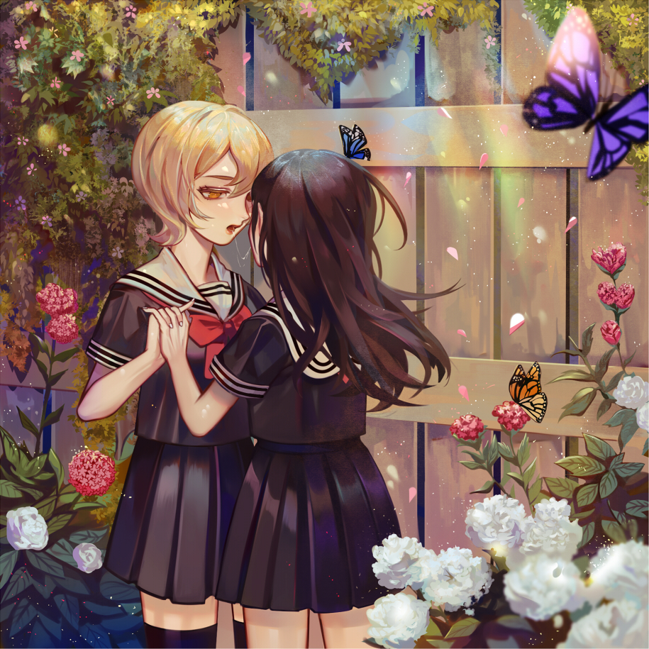 after_kiss asagiri_aya black_legwear black_shirt black_skirt blonde_hair bow bowtie brown_hair bug butterfly commentary_request day eye_contact fence flower flower_request garden hair_between_eyes holding_hands insect interlocked_fingers long_hair looking_at_another mahou_shoujo_site monarch_butterfly multiple_girls open_mouth outdoors pink_flower pink_lips pleated_skirt red_eyes red_flower red_neckwear sailor_collar saliva saliva_trail school_uniform serafuku shirt skirt standing takanoori_middle_school_uniform thighhighs white_flower white_sailor_collar yatsumura_tsuyuno yuri zettai_ryouiki ziiiing