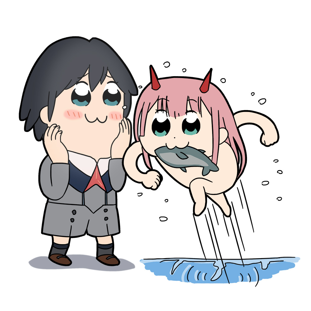 1girl bangs bkub_(style) black_hair blue_eyes blush_stickers brown_footwear clothed_male_nude_female commentary_request darling_in_the_franxx downnote eyebrows_visible_through_hair fish fish_in_mouth gan-viking green_eyes hands_on_own_cheeks hands_on_own_face hiro_(darling_in_the_franxx) horns long_hair long_sleeves military military_uniform necktie nude oni_horns pink_hair poptepipic red_horns red_neckwear shoes socks uniform water zero_two_(darling_in_the_franxx)