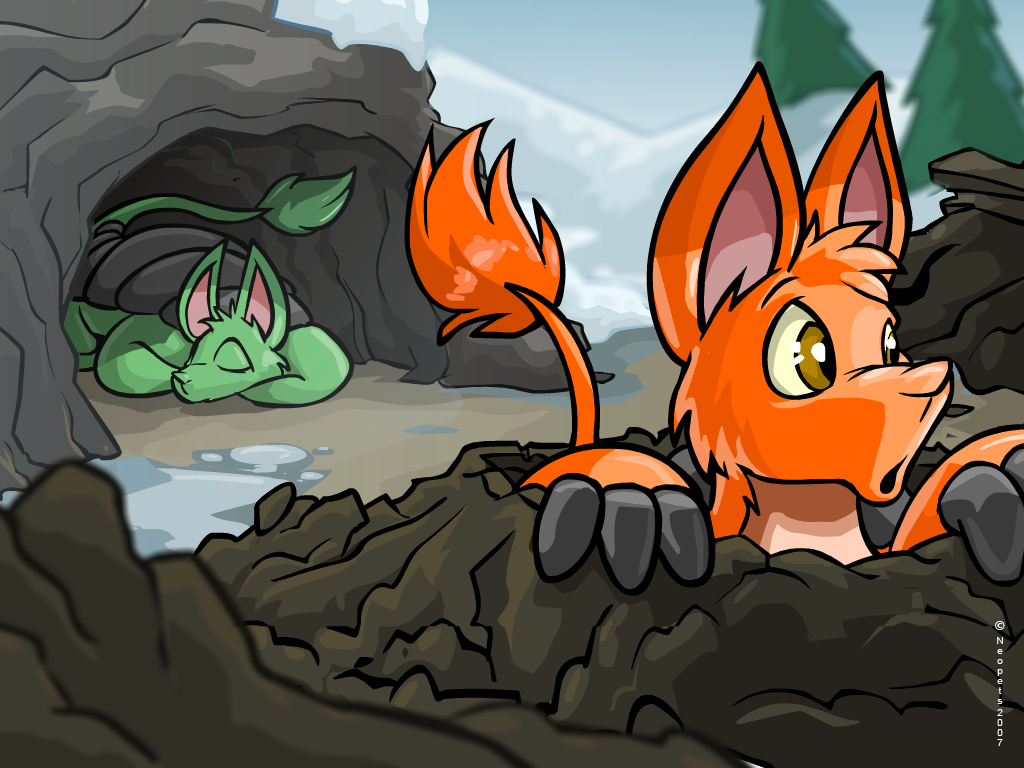 2007 ambiguous_gender bori brown_eyes cave detailed_background digital_media_(artwork) dirt duo feral fur green_fur mammal neopets official_art orange_fur outside shell sleeping snow tree tufted_tail unknown_artist