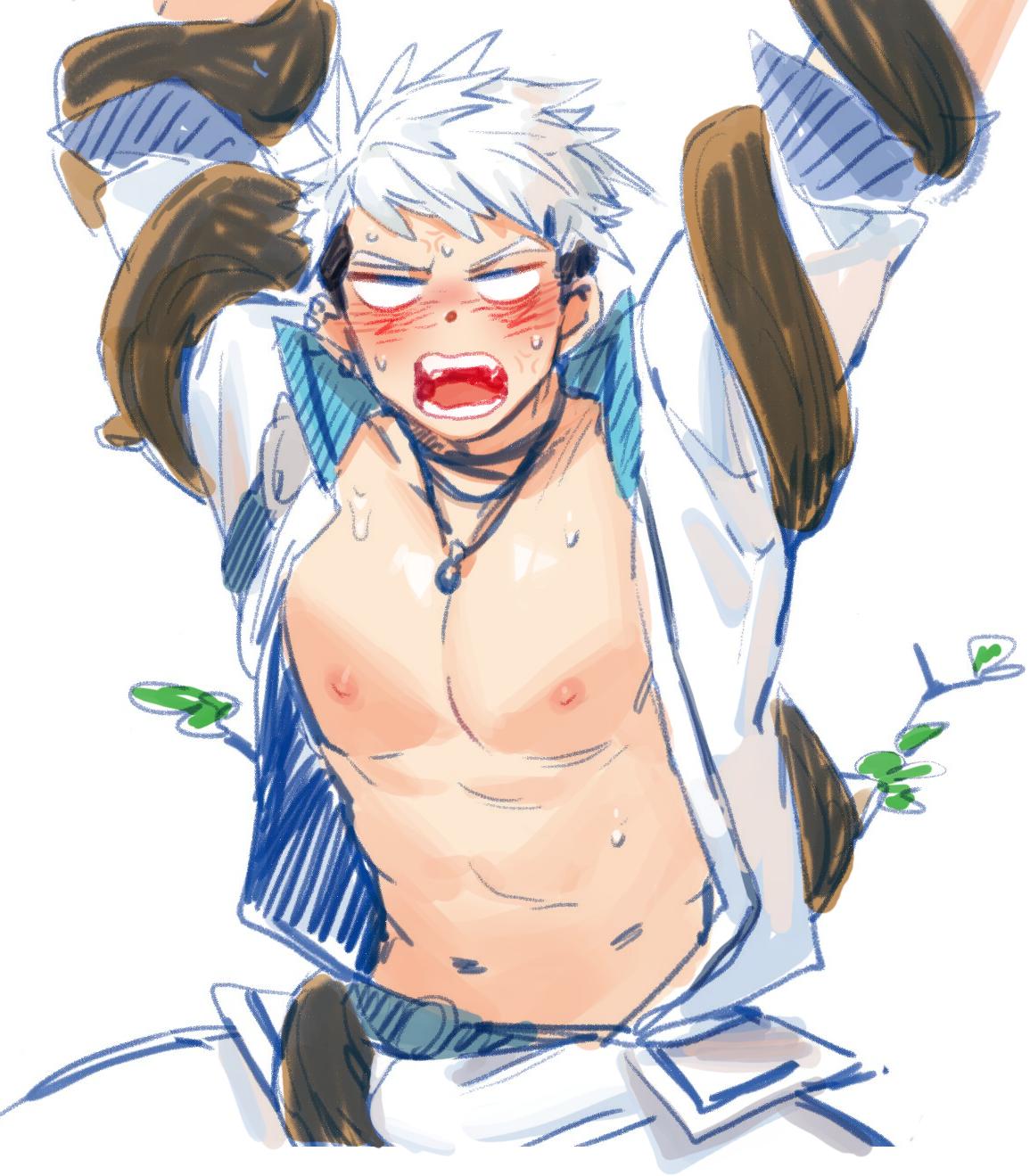 1boy angry blush gondom highres jacket mabinogi male_focus merlin_(mabinogi) nipples no_pupils open_clothes open_jacket pants restrained roots shouting simple_background solo sweat white_background white_pants