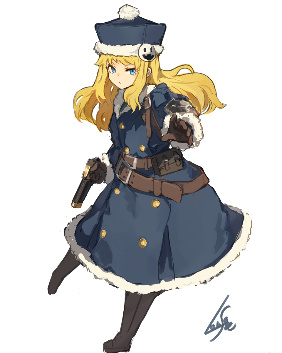 blonde_hair blue_eyes brown_gloves character_hair_ornament coat commentary full_body fur-trimmed_coat fur-trimmed_hat fur_trim gloves gun gunner hair_ornament hat highres lansane long_hair long_sleeves looking_at_viewer pom_pom_(clothes) sekaiju_no_meikyuu sekaiju_no_meikyuu_2 signature simple_background solo weapon white_background