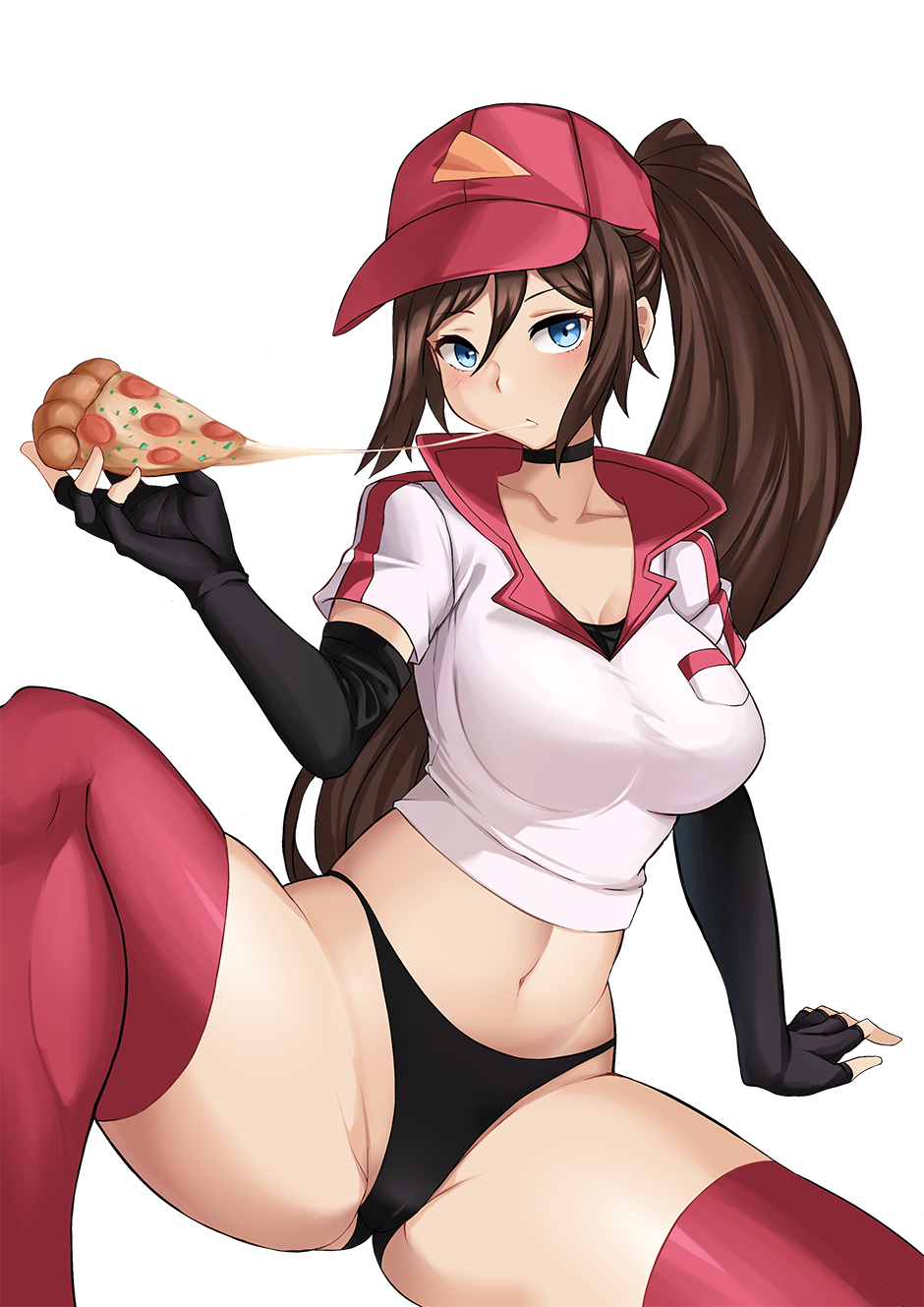 aori_sora baseball_cap black_choker black_gloves blue_eyes blush breasts choker commentary crop_top eating elbow_gloves employee_uniform english_commentary fast_food_uniform fingerless_gloves food gloves hair_between_eyes hat highleg highleg_panties highres holding holding_food large_breasts league_of_legends long_hair looking_at_viewer navel no_pants panties pizza pizza_delivery_sivir ponytail red_hat red_legwear shirt simple_background sitting sivir solo spread_legs thighhighs underwear uniform very_long_hair white_background white_panties white_shirt