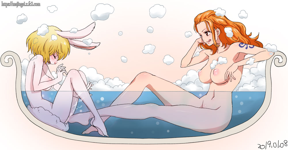 2019 2girls :d animal_ears barefoot bath bathing bathtub blonde_hair blush breasts bubble bubble_bath bunny_ears bunny_tail carrot_(one_piece) dated eyes_closed feet female female_ejaculation foam footjob full_body ginko_(silver_fox) head_rest long_hair looking_at_another moaning multiple_girls nami_(one_piece) navel nipples nude one_piece open_mouth orange_eyes orange_hair partially_submerged pussy_juice short_hair sitting smile tail tongue tongue_out water watermark web_address yuri