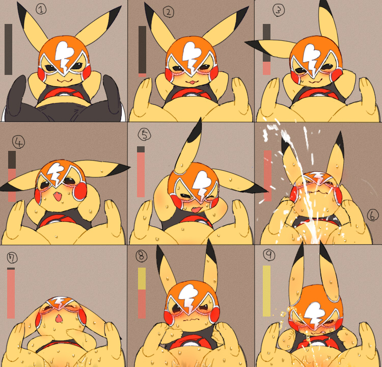 1girl :3 animal_ears arms_behind_head arms_up barefoot black_eyes black_footwear black_pants blush blush_stickers bottomless brown_background clenched_teeth clothed_pokemon cosplay_pikachu donburisan fangs feet female female_ejaculation female_orgasm gen_1_pokemon half-closed_eyes looking_at_viewer luchador luchador_mask midriff multiple_views no_humans nose_blush one_eye_closed open_mouth orgasm pants paws peeing pikachu poke_ball_theme pokemon pokemon_(creature) pussy_juice shirt simple_background sitting sleeveless sleeveless_shirt smile spread_legs sweat tears teeth wavy_mouth