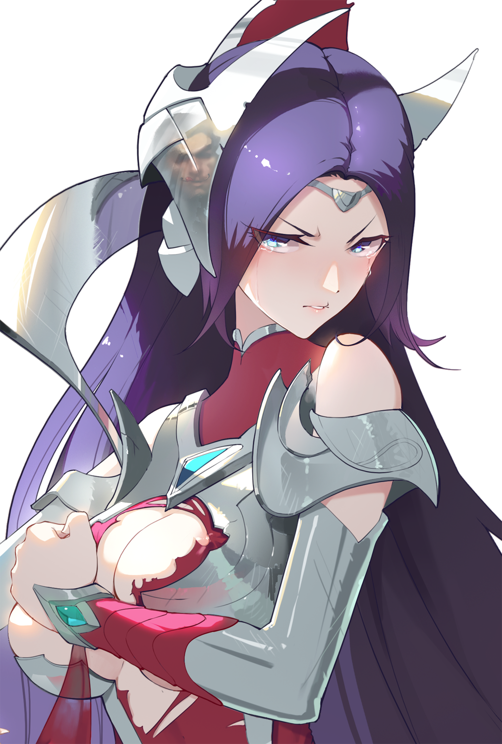 angry armor bare_shoulders biting blade blue_eyes blush breasts cleavage covering covering_breasts crazyzhuozhuo crying crying_with_eyes_open embarrassed eyes_visible_through_hair high_collar highres irelia jhin large_breasts league_of_legends lip_biting long_hair looking_at_viewer parted_lips purple_hair reflection shirt simple_background solo tears teeth tiara torn_clothes torn_shirt upper_body v-shaped_eyebrows vambraces very_long_hair when_you_see_it white_background