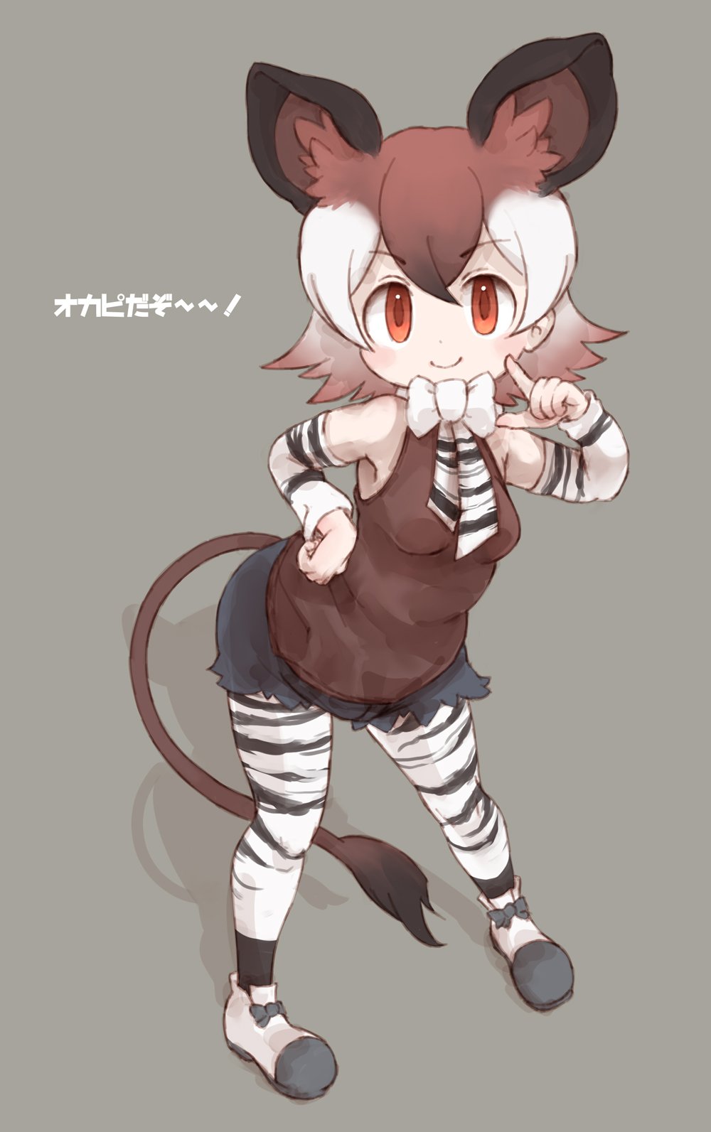 animal_ears bangs bare_shoulders black_hair black_legwear blue_shorts bow bowtie breasts brown_hair brown_shirt closed_mouth detached_sleeves eyebrows eyebrows_visible_through_hair gradient_hair grey_bow hand_on_hip highres index_finger_raised kemono_friends kolshica leaning_forward legs_apart long_sleeves looking_at_viewer medium_breasts multicolored multicolored_clothes multicolored_hair multicolored_legwear okapi_(kemono_friends) okapi_ears okapi_tail orange_eyes pantyhose shadow shirt shoes short_hair shorts sleeveless sleeveless_shirt smile solo standing striped striped_legwear striped_sleeves tail torn_clothes torn_shorts two-tone_legwear white_bow white_footwear white_hair white_legwear white_neckwear