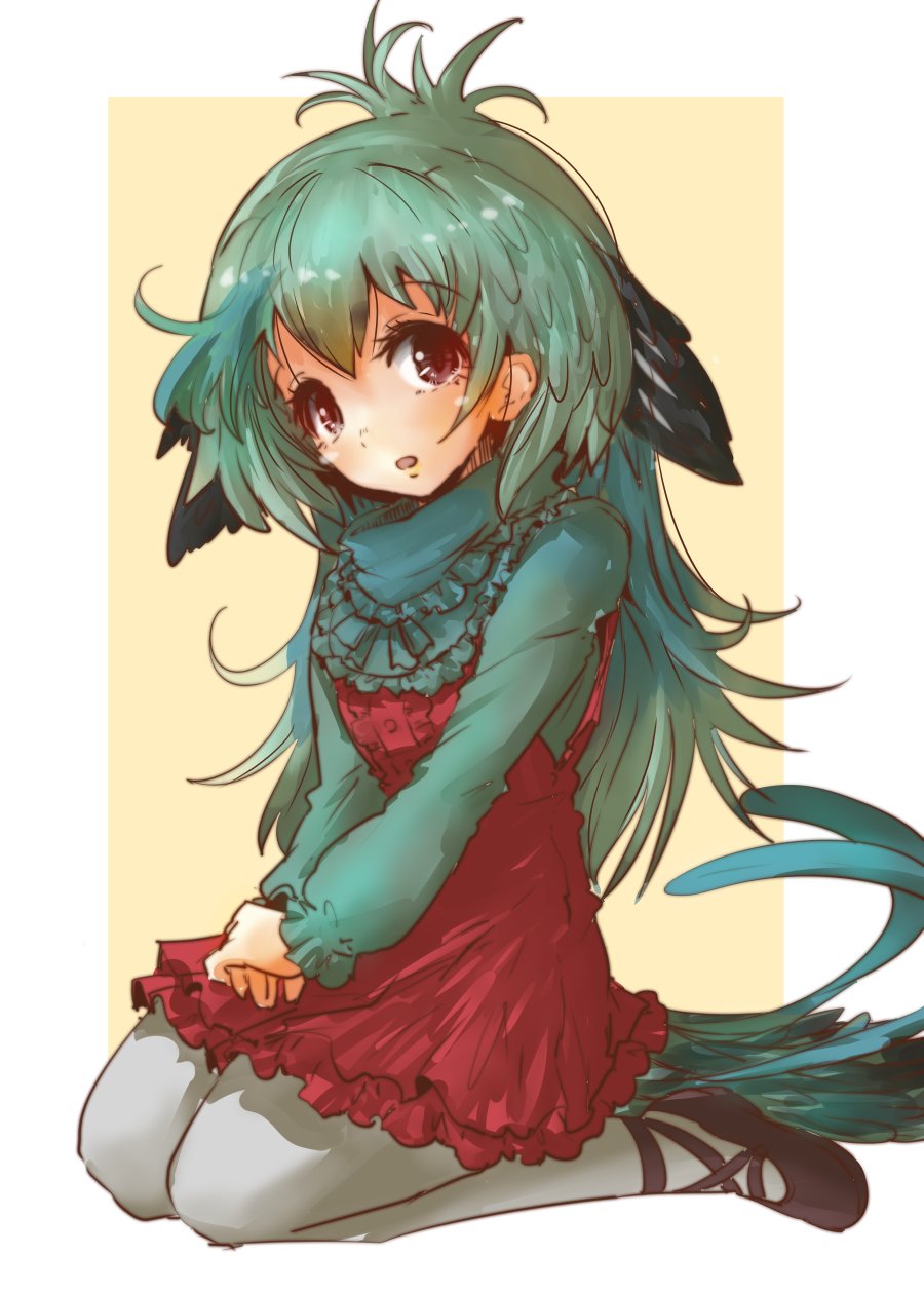 bird_tail bird_wings blue_hair commentary dress eyebrows_visible_through_hair green_hair hands_on_lap head_wings highres kemono_friends lace long_hair long_sleeves multicolored_hair neck_ribbon pantyhose puffy_sleeves resplendent_quetzal_(kemono_friends) ribbon seiza sitting solo tikano wings
