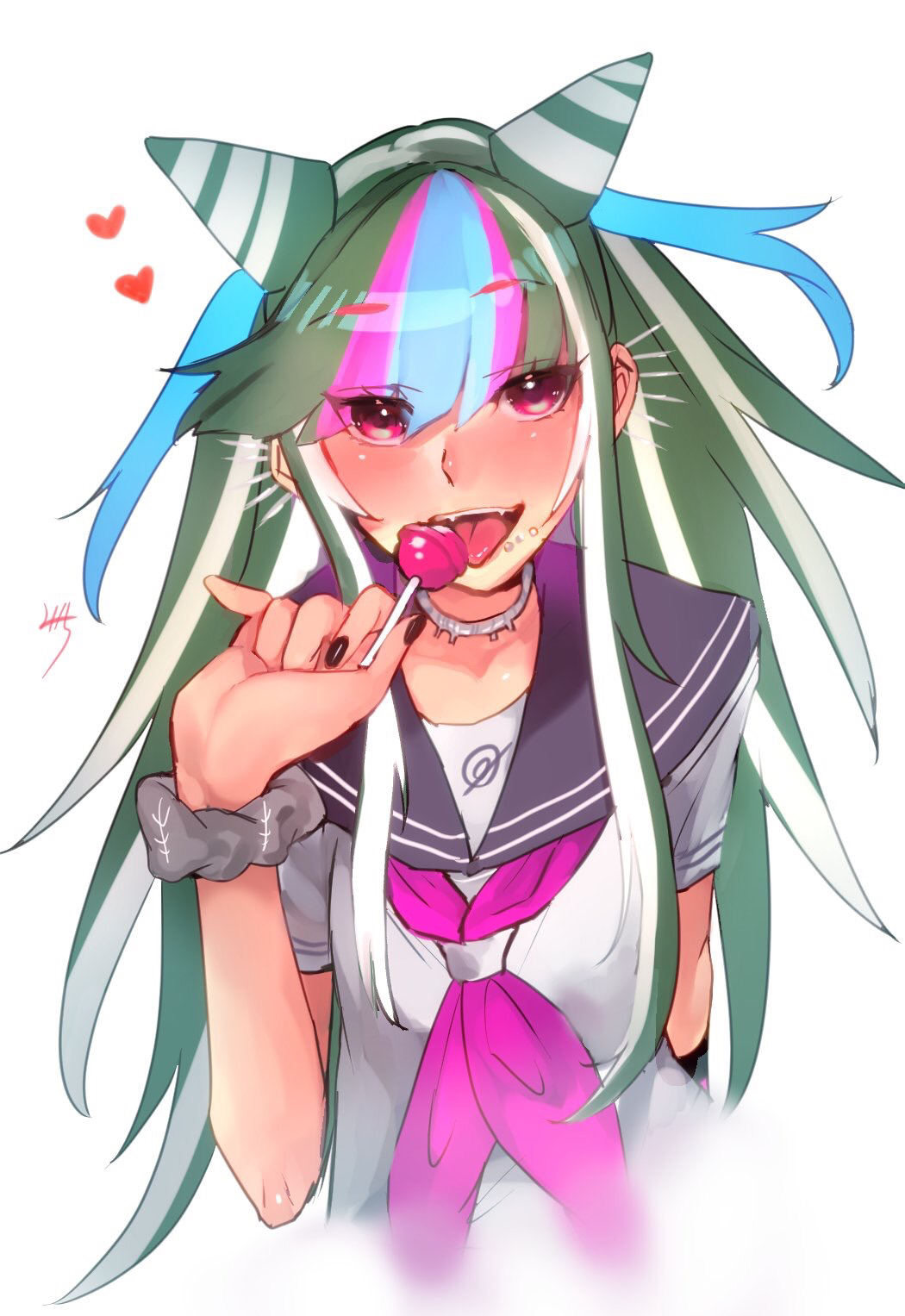 1girl black_nails blurry blush candy commentary_request danganronpa danganronpa_3 ear_piercing eyebrows_visible_through_hair fangs fingernails food food_in_mouth green_wristband heart highres jellicle341 jewelry licking lip_piercing lollipop long_hair mioda_ibuki multicolored_hair nail_polish necklace piercing pink_neckwear red_heart sailor_collar school_uniform shirt short_sleeves signature simple_background solo super_danganronpa_2 tongue tongue_out upper_body white_background white_shirt wristband