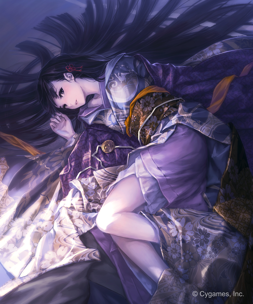 black_hair brown_eyes character_request company_name cygames floral_print hair_ribbon hair_spread_out highres hisakata_souji japanese_clothes kimono long_hair looking_at_viewer lying obi official_art on_side parted_lips red_ribbon ribbon sash shingeki_no_bahamut solo very_long_hair watermark yukata