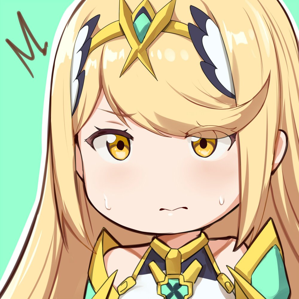 1girl 3: bangs blonde_hair blush chibi circlet closed_mouth commentary embarrassed english_commentary eyes_visible_through_hair green_background hews_hack hikari_(xenoblade_2) looking_at_viewer outline simple_background solo sweatdrop swept_bangs upper_body white_outline xenoblade_(series) xenoblade_2 yellow_eyes