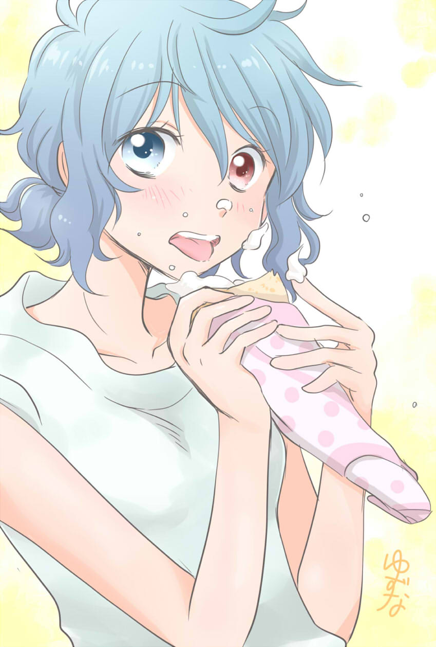 blue_eyes blue_hair blue_shirt collarbone commentary_request crepe eating food food_on_face heterochromia highres icing looking_at_viewer messy_hair red_eyes shirt short_hair solo tatara_kogasa tongue tongue_out touhou yuzuna99
