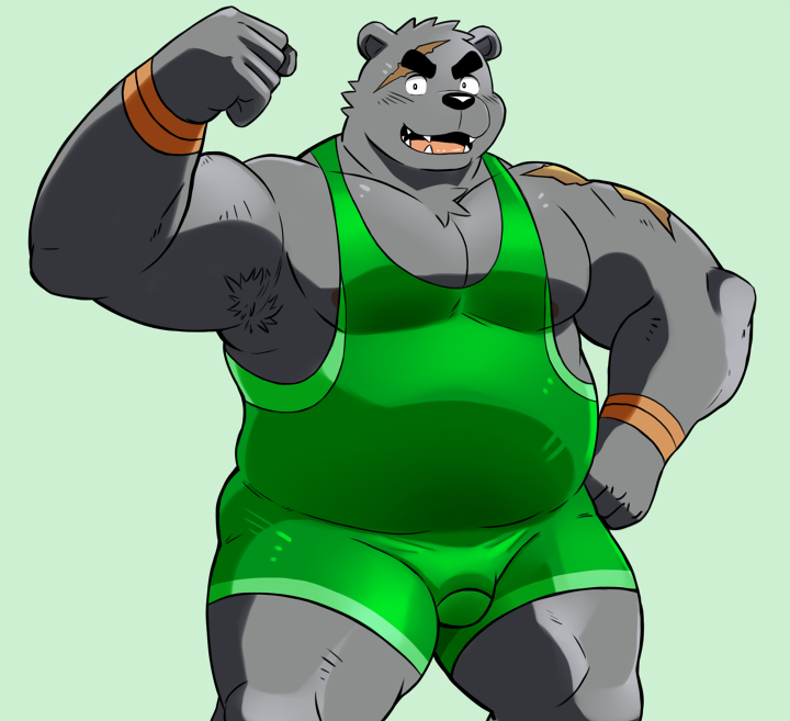 anthro bear bulge daigo_kumano green_background green_clothing male mammal shiba-kenta simple_background single solo text translation_request wrestling_singlet
