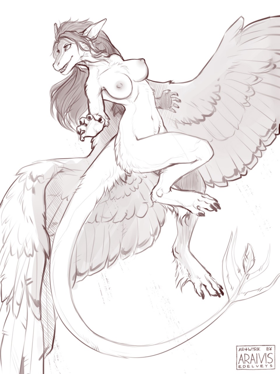 anthro araivis-edelveys avelos breasts chest_tuft claws digitigrade dragon feathered_wings feathers female flying foot_tuft fur furred_dragon greyscale hair hindpaw ista long_hair monochrome nipples nude paws sharp_teeth smile solo teeth tuft wings