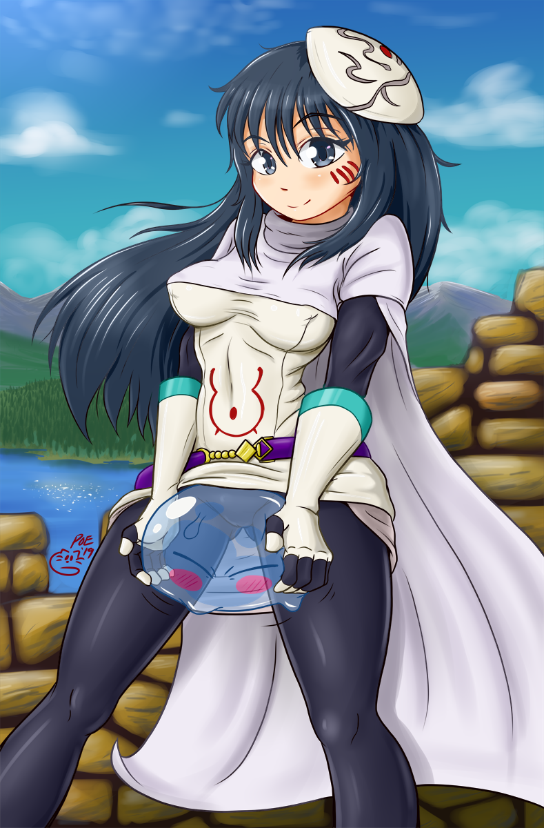 2019 5_fingers ambiguous_gender belt biped black_hair blush breasts cape clothed clothing cloud detailed_background duo eyebrows eyelashes female fully_clothed gloves goo_creature grey_eyes hair holding_character human long_hair looking_at_viewer mammal mountain nipple_bulge pale_skin pants poethewondercat portrait rimuru_tempest shirt shizue_izawa sky smile standing stone_wall that_time_i_got_reincarnated_as_a_slime three-quarter_portrait translucent_body tree water