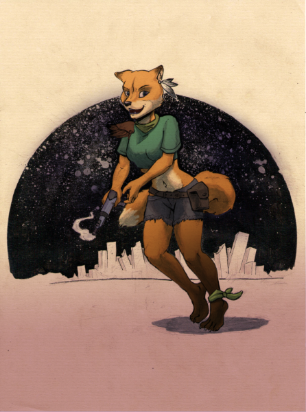 2018 anthro blaster breasts canine clothed clothing dana_cooper energy_weapon female fox green_eyes gun handgun holding_object holding_weapon mammal open_mouth post-apocalyptic ragdishnak ranged_weapon smile solo standing traditional_media_(artwork) weapon