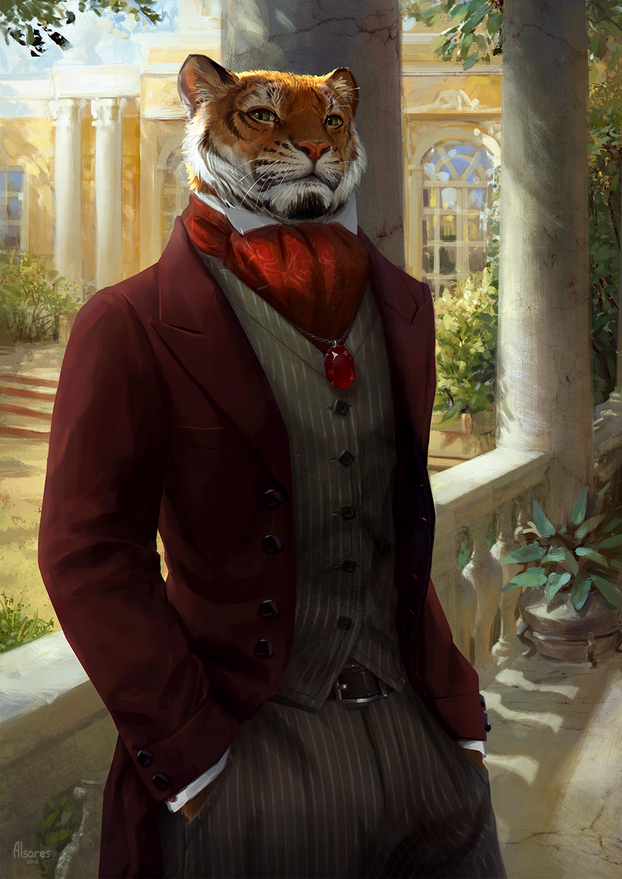 2018 alsareslynx anthro clothed clothing day detailed_background digital_media_(artwork) feline fur green_eyes male mammal orange_fur outside sky solo tiger whiskers