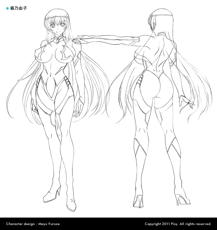 1girl 2011 artist_name ass breasts character_sheet curvy dated female full_body furuse_mayu highleg huge_ass huge_breasts leotard lilith-soft lineart long_hair looking_at_viewer magical_girl monochrome morino_yuuko nipples official_art simple_background smile solo standing tentacle_and_witches thighs white_background