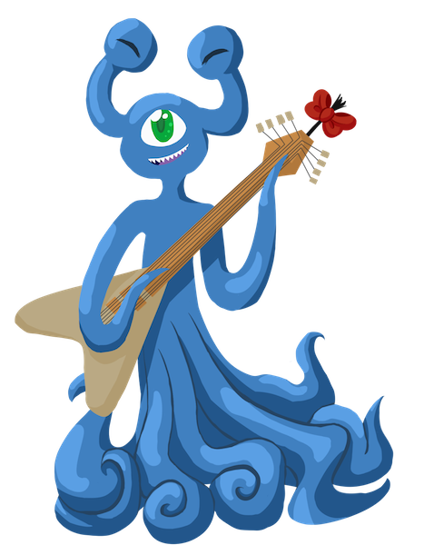 alien alinivar alpha_channel blue_skin earthbound_(series) eyestalks green_eyes guitar male mook mother:_cognitive_dissonance multi_eye musical_instrument nintendo official_art smile teeth tentacles video_games wakamolez