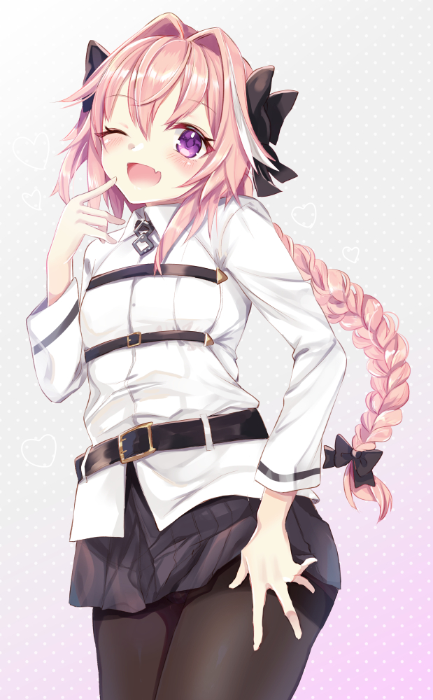 ;d astolfo_(fate) bangs belt belt_buckle black_belt black_bow black_ribbon black_skirt blush bow braid buckle bulge chaldea_uniform collared_shirt cosplay cowboy_shot crossdressing dress_shirt eyebrows_visible_through_hair fang fate/grand_order fate_(series) finger_to_cheek fujimaru_ritsuka_(female) fujimaru_ritsuka_(female)_(cosplay) gradient gradient_background grey_background hair_between_eyes hair_bow hair_intakes hair_ribbon hand_on_own_thigh hand_up heart legs_together long_hair long_sleeves looking_at_viewer male_focus multicolored_hair nekomiya_noru_(yuduki710) one_eye_closed open_mouth otoko_no_ko pink_background pink_hair polka_dot polka_dot_background purple_eyes ribbon shiny shiny_hair shirt sidelocks single_braid skirt smile solo standing streaked_hair white_hair white_shirt