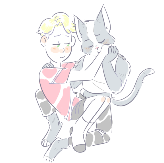 2018 anthro avocato blush cat clothing duo feline final_space fur gary_(final_space) holding_(disambiguation) human interspecies jadeyarts kissing male male/male mammal