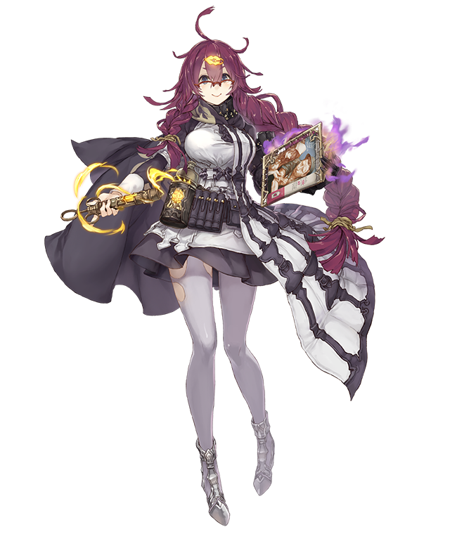 asymmetrical_gloves asymmetrical_hair blue_eyes braid breasts canister dorothy_(sinoalice) eyebrows_visible_through_hair full_body glasses gloves hair_ornament hairclip ji_no large_breasts long_hair magazine messy_hair official_art pantyhose purple_hair sinoalice smile solo tool_belt torn_clothes torn_legwear transparent_background