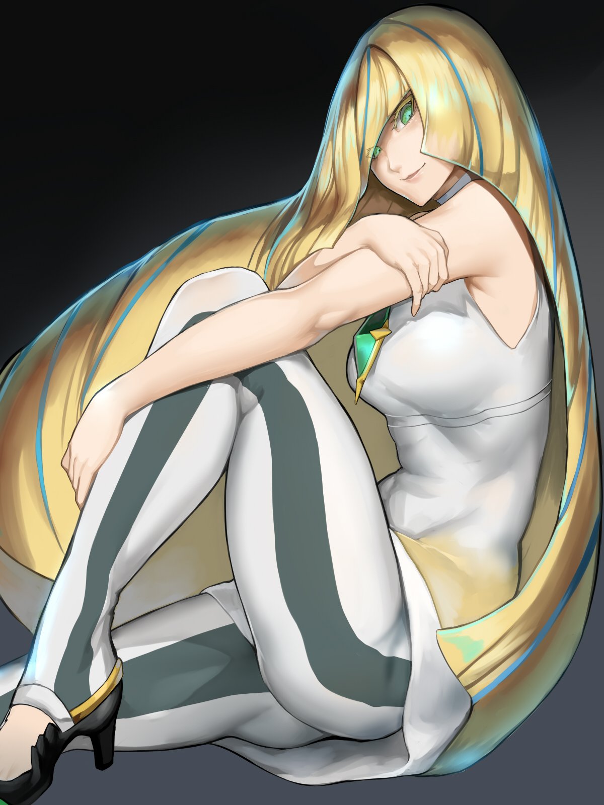 :d armpits bangs bare_arms bare_shoulders black_footwear blonde_hair breasts colored_eyelashes covered_navel diamond_(symbol) dress eyes_visible_through_hair from_side gradient gradient_background green_eyes hair_over_one_eye high_heels highres kumiko_shiba leggings legs long_hair looking_at_viewer lusamine_(pokemon) mature medium_breasts multicolored multicolored_clothes multicolored_legwear no_socks open_mouth pants pokemon pokemon_(game) pokemon_sm pumps short_dress simple_background sitting sleeveless sleeveless_dress smile solo two-tone_legwear very_long_hair white_legwear white_pants