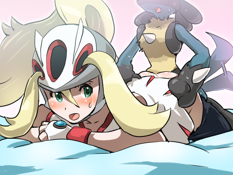 ambiguous_penetration anthro blush boris_(artist) canine clothed clothing digital_media_(artwork) duo female female_on_anthro from_behind_position green_eyes human human_focus human_on_anthro interspecies korrina lucario male male/female mammal nintendo partially_clothed penetration pok&eacute;mon pok&eacute;mon_(species) pok&eacute;philia sex solo_focus sweat video_games