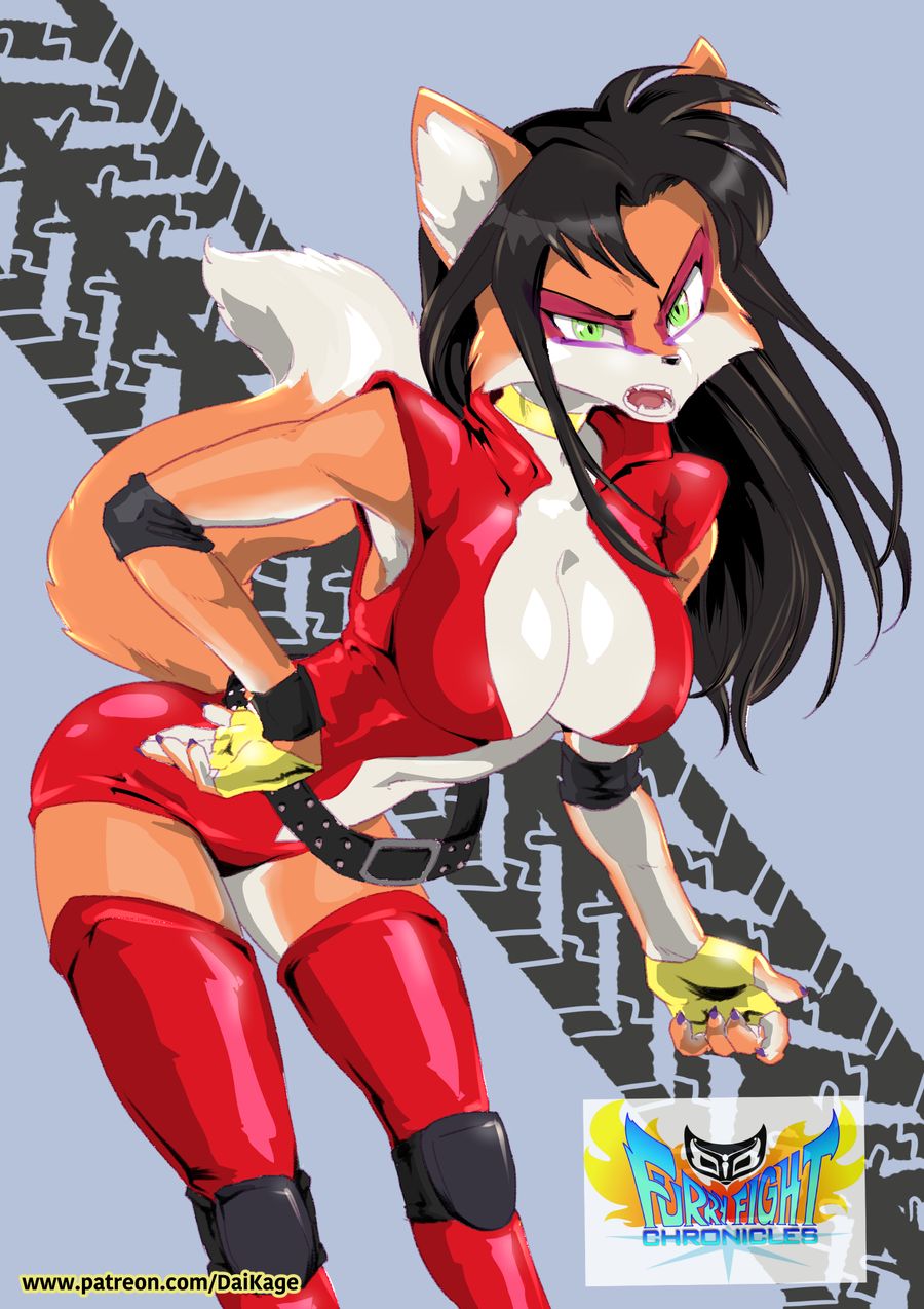 anthro big_breasts black_hair breasts canine cleavage clothed clothing daigaijin female fox fur furryfight_chronicles green_eyes hair high_thighs kalita_(furryfight_chronicles) looking_at_viewer mammal open_clothing orange_fur solo