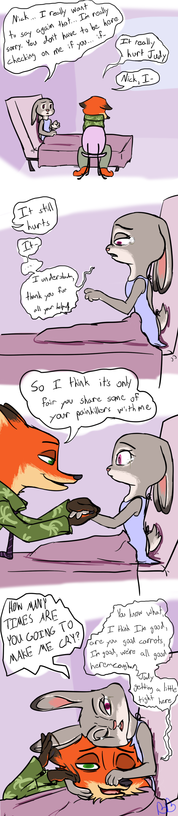 2016 anthro bb bed canine clothed clothing comic crying dialogue disney duo english_text female fox fur grey_fur hi_res hospital hospital_gown judy_hopps lagomorph lying male mammal nick_wilde on_back on_bed patient rabbit red_fur simple_background tears text zootopia