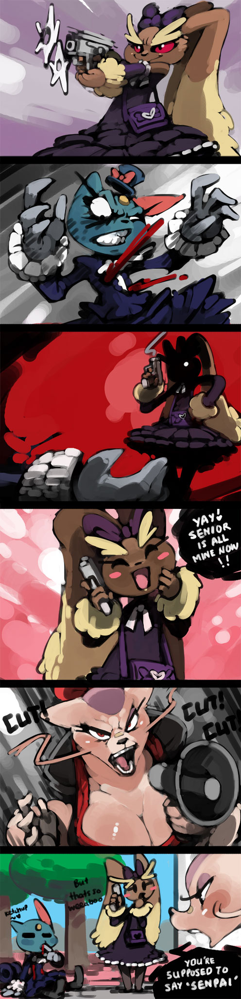 2015 anthro big_breasts bittenhard blood bow breasts clothing comic female food group gun hair_bow hair_ribbon hi_res ketchup lagomorph lopunny mammal megaphone mienshao nintendo pok&eacute;mon pok&eacute;mon_(species) ranged_weapon red_eyes ribbons sneasel text video_games voluptuous weapon weeaboo whiskers