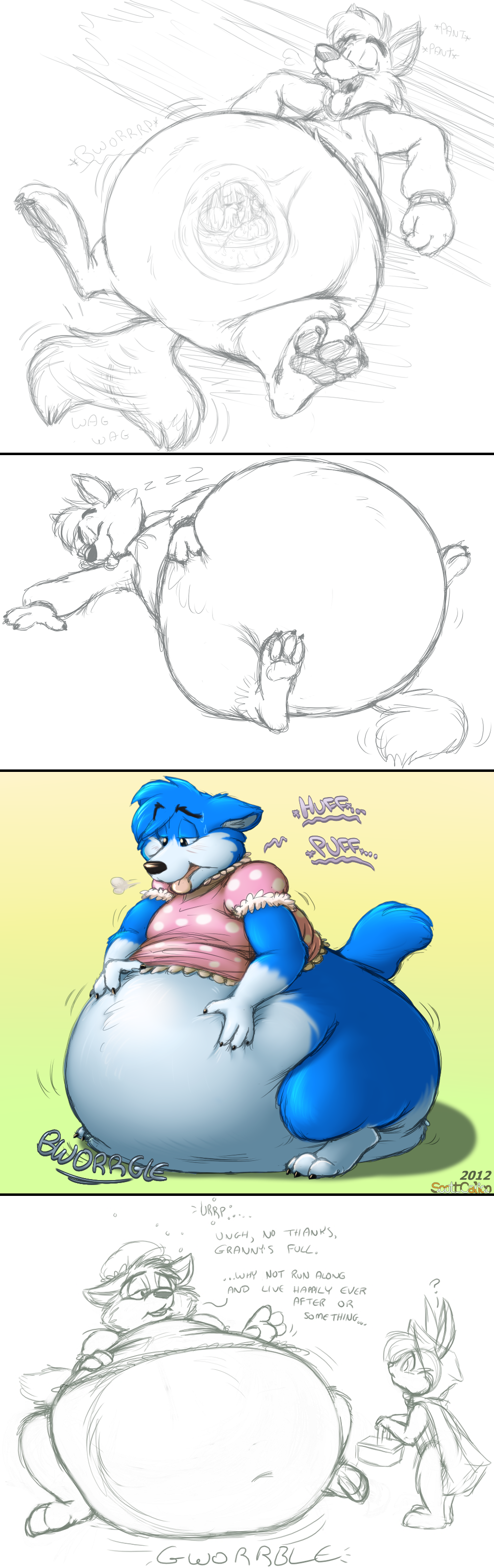 anthro barefoot belly bulge canine cat clothing comic digestion duo english_text feline inflation internal line_art male male_pred mammal oral_vore scott scott_calico simple_background sketch sleeping text tongue tongue_out vore wolf