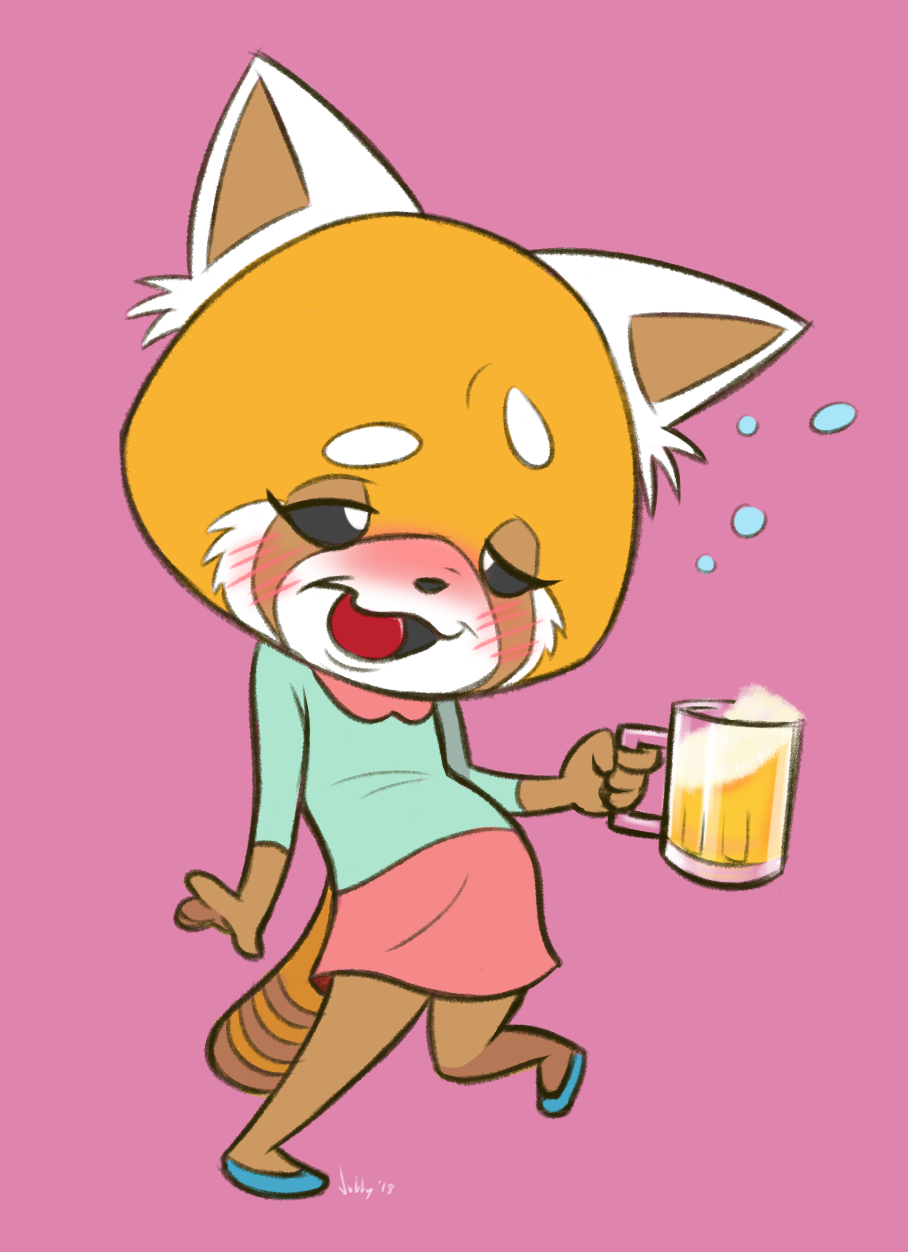 1girl aggressive_retsuko animal_ears aqua_shirt artist_name beer beer_mug black_sclera blush dated drink drinking_glass drunk female full_body furry glass half-closed_eyes hand_up highres holding jobbythehong leg_up no_humans nose_blush open_mouth panda_ears pigeon-toed pink_background pink_skirt red_footwear retsuko shirt shoes signature simple_background skirt smile solo standing standing_on_one_leg tail white_eyes