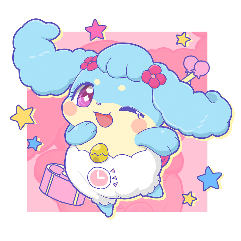 anthro blue_fur blush_sticker canine clothed clothing cocotama eyelashes female flower fur himitsu_no_cocotama kanna_(cocotama) looking_at_viewer mammal mei_(artist) one_eye_closed open_mouth open_smile plant purple_eyes semi-anthro smile solo star wink