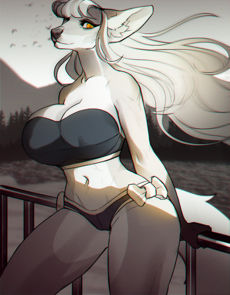 anthro big_breasts big_ears breasts canine cleavage clothed clothing female fennec fox fur hair long_hair looking_at_viewer loyse mammal solo swimsuit witchness