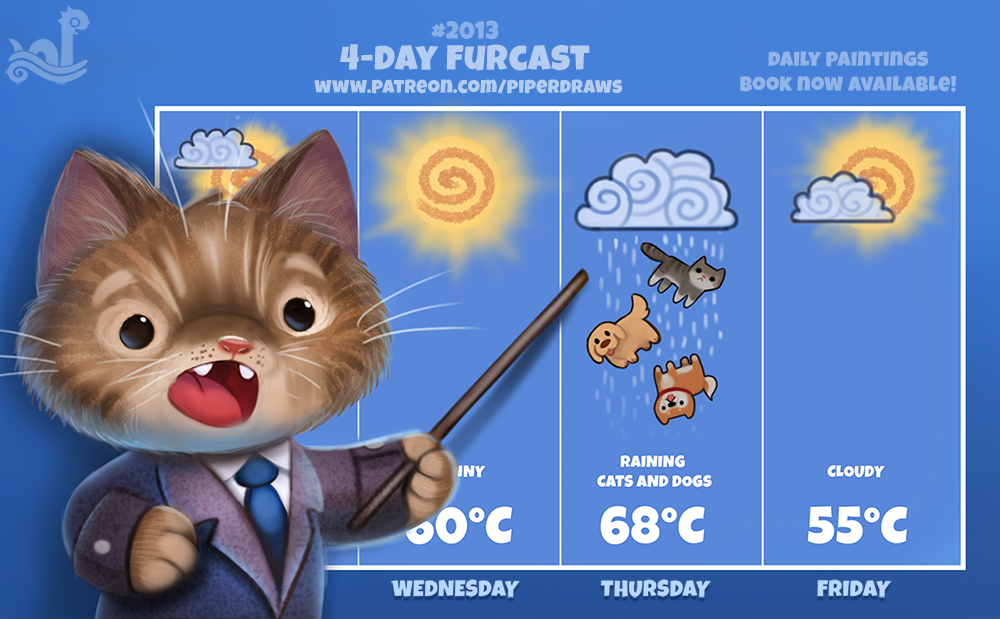 ambiguous_gender anthro black_eyes brown_fur canine cat clothed clothing cloud cryptid-creations dog feline feral fur humor mammal necktie open_mouth pun raining solo suit sun tan_fur teeth weather_forecast