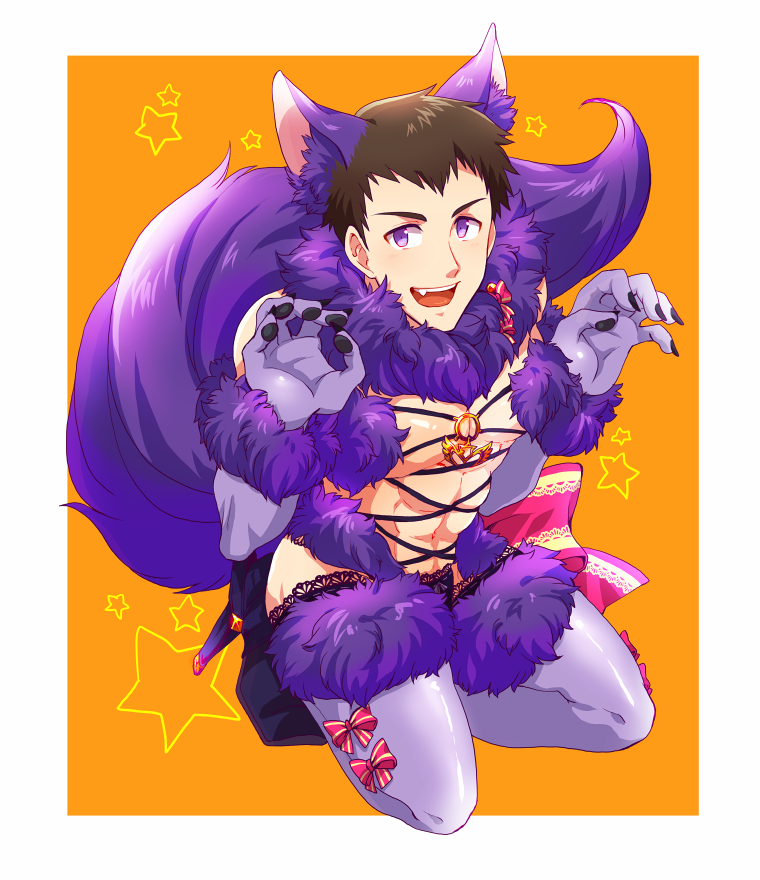 1boy abs animal_ears brown_hair claw_pose claws cosplay crossdressing dangerous_beast elbow_gloves fate/grand_order fate_(series) fur-trimmed_gloves fur-trimmed_legwear fur_collar fur_trim gloves halloween_costume idolmaster idolmaster_side-m kneeling koma_saburou lace lace-trimmed_legwear looking_at_viewer mash_kyrielight mash_kyrielight_(cosplay) o-ring o-ring_top orange_background purple_gloves purple_legwear revealing_clothes shingen_seiji simple_background smile tail wolf_ears wolf_tail
