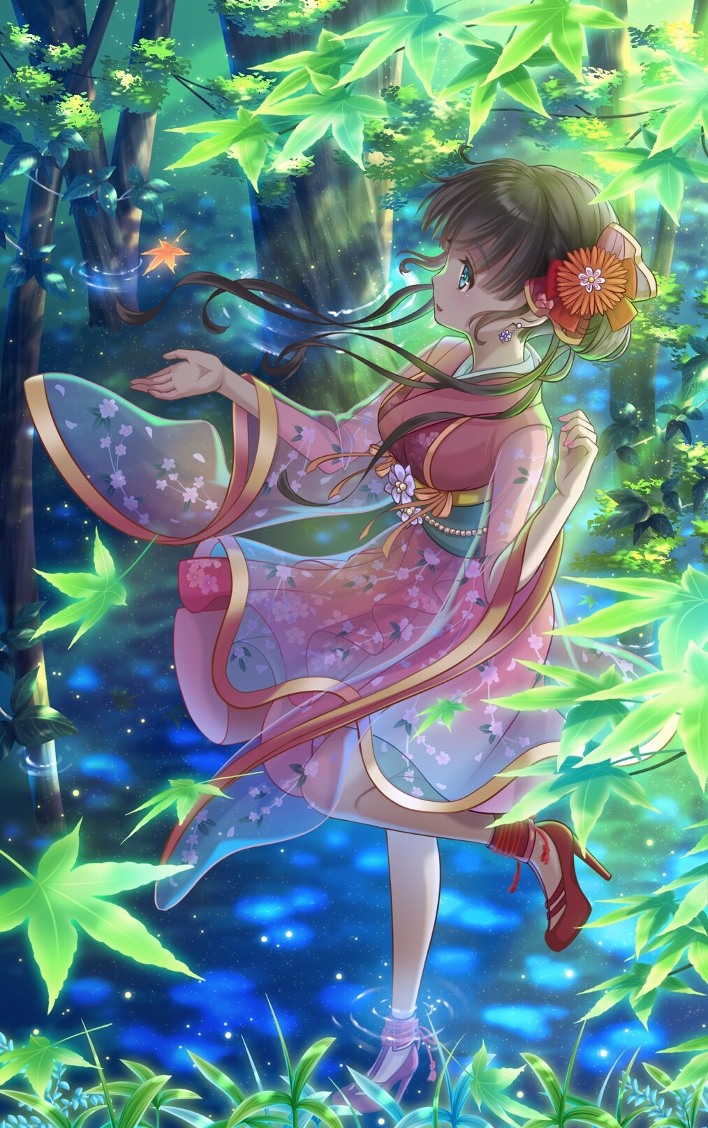 1girl earrings falling_leaves flower forest glowing hair_flower hair_ornament hair_ribbon high_heels highres in_water japanese_clothes jewelry kimono leaf nature original outdoors pink_flower pink_kimono red_flower red_ribbon ribbon sash tree water whitechameleon33