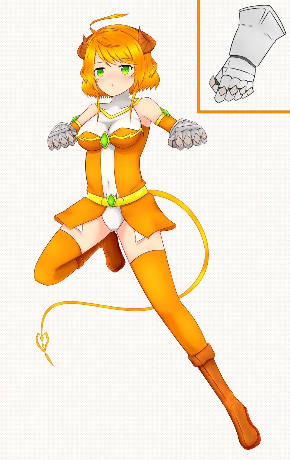 :o ahoge armpits bad_id bad_pixiv_id bangs bare_shoulders blush boots breasts cleavage commentary covered_navel curled_horns detached_sleeves eyebrows_visible_through_hair facial_mark gauntlets green_eyes highres horns leotard long_sleeves looking_at_viewer medium_breasts orange_footwear orange_hair orange_legwear original parted_lips short_hair solo standing standing_on_one_leg tail thighhighs white_leotard yuujoduelist
