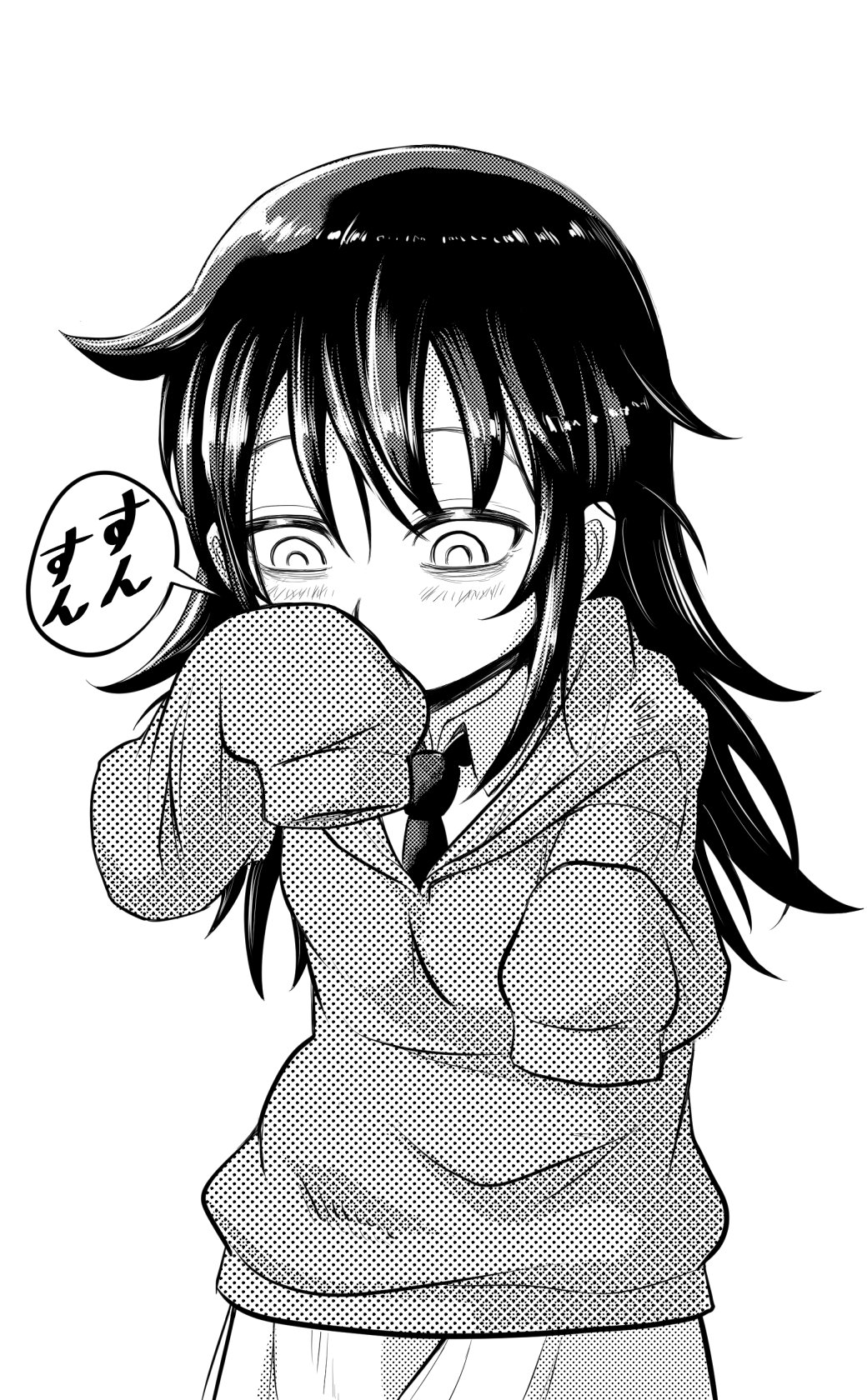 bags_under_eyes black_hair blush borrowed_garments clothes_sniffing commentary_request greyscale highres hood hoodie kuroki_tomoko long_hair monochrome necktie newsprint_texture school_uniform smelling watashi_ga_motenai_no_wa_dou_kangaetemo_omaera_ga_warui! zatou_(kirsakizato)