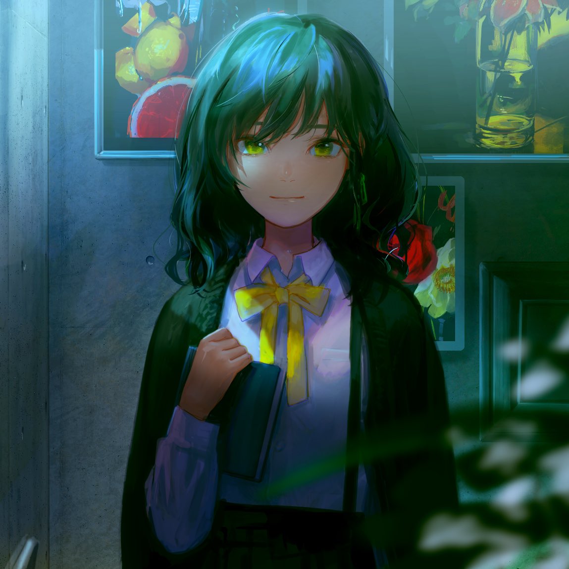 1girl bangs blurry_foreground book cardigan collared_shirt commentary green_hair holding holding_book looking_at_viewer medium_hair neck_ribbon original painting_(object) ribbon shirt solo suspenders upper_body white_shirt yellow_eyes yellow_neckwear