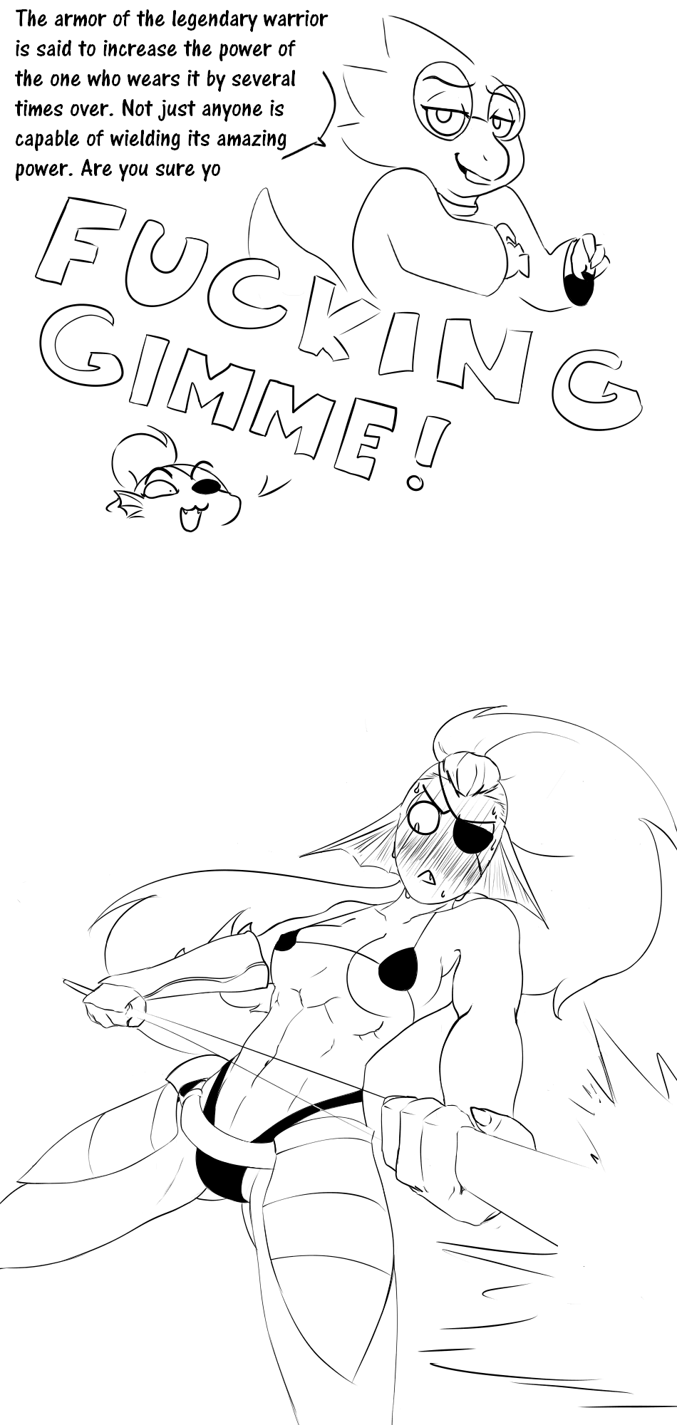 alphys anthro armor bikini black_and_white blush breasts buckteeth clothing embarrassed english_text eye_patch eyewear female fish glasses haaru hair humor lizard long_hair marine melee_weapon monochrome multiple_images muscular muscular_female polearm reptile scalie sharp_teeth simple_background smile spear sweat swimsuit teeth text undertale undyne video_games weapon white_background