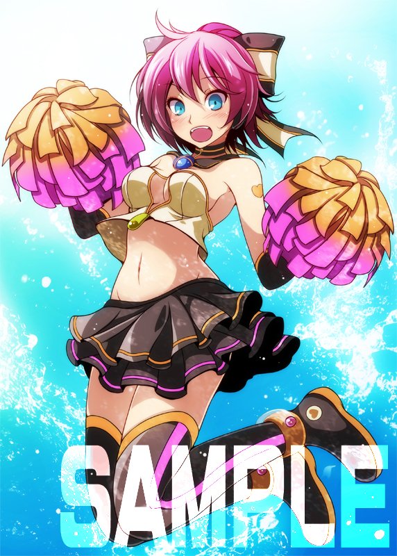 arm_up bare_shoulders black_footwear black_gloves black_skirt blue_background blue_eyes boots copyright_request elbow_gloves fang gloves hand_up heart holding holding_pom_poms jumping midriff navel open_mouth pink_hair pom_poms sample skirt smile solo stomach thigh_boots thighhighs tsukishiro_saika vertical-striped_boots