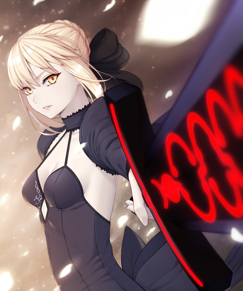 1girl amase_(yagami666) artoria_pendragon_(all) back_bow black_bow black_dress black_sleeves blonde_hair bow braided_bun breasts choker cleavage dress excalibur fate/stay_night fate_(series) hair_bow holding holding_sword holding_weapon medium_breasts parted_lips saber_alter short_hair shrug_(clothing) sidelocks sleeveless sleeveless_dress smile solo standing sword upper_body weapon white_petals yellow